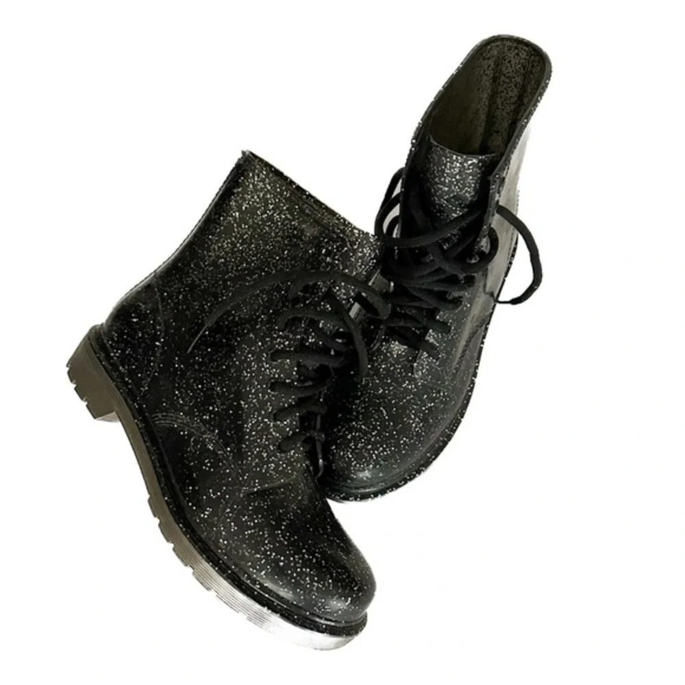 NWOT Circus by Sam Edelman Quinn Jelly Combat Boot Black Silver Glitter | Size 8 - Picture 1 of 10